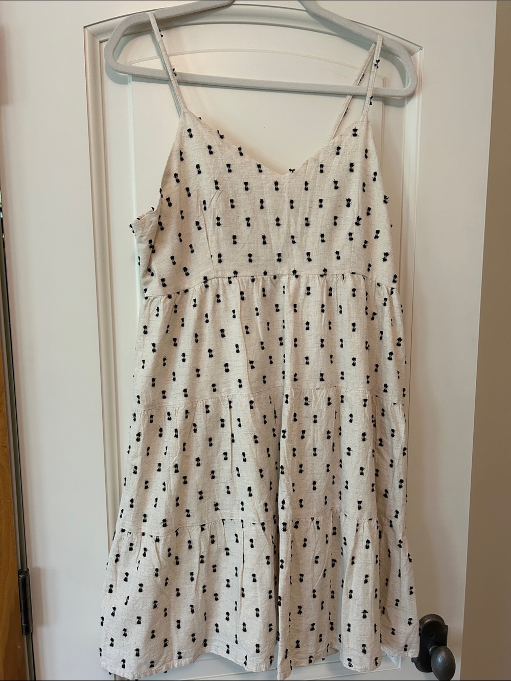 White Spaghetti Strap Dress with Black Bow Texture dots.  3 Tiers for Movement